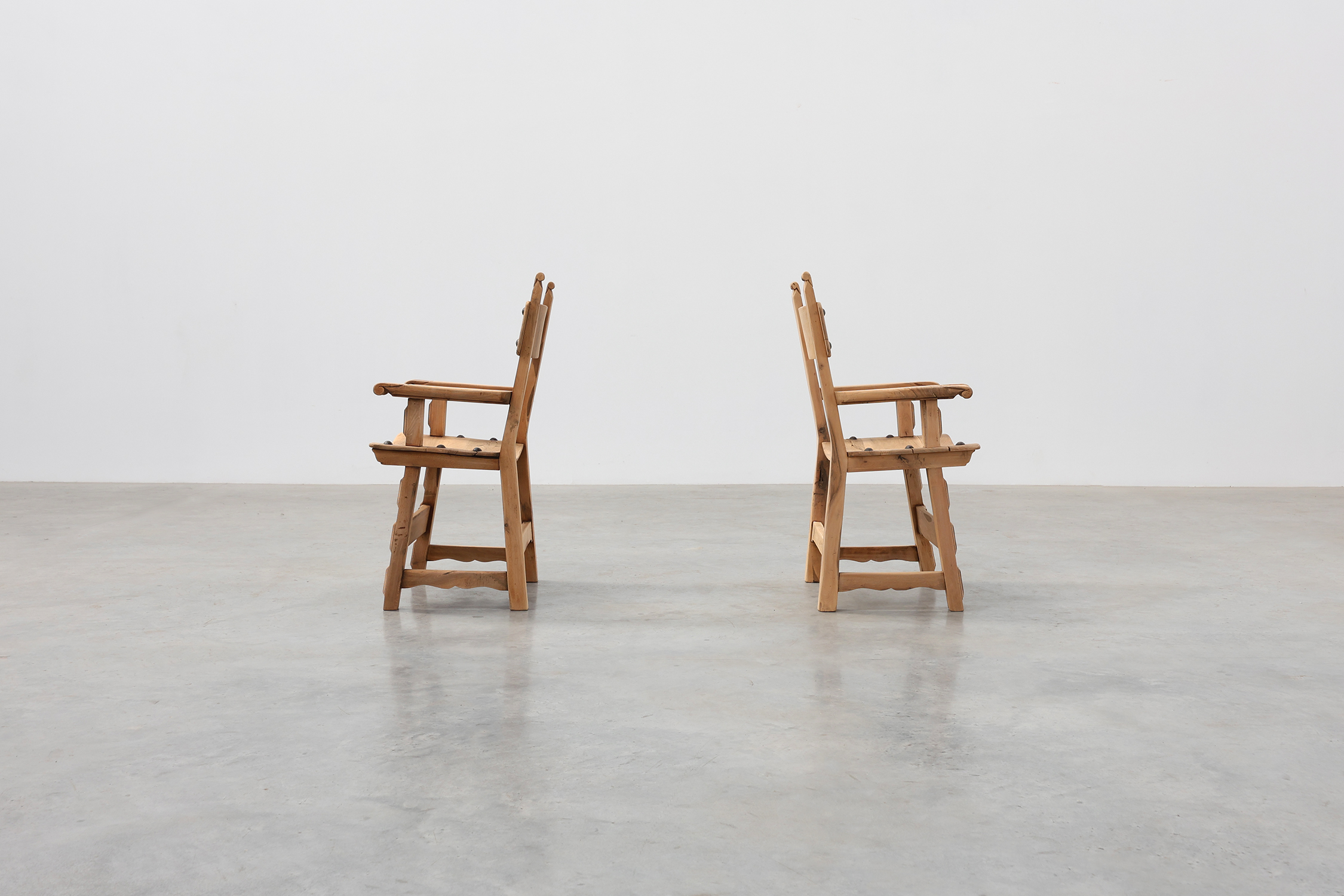 Pair of Brutalist Armchairs with Carved Rosettes and Nailed Wooden Seats, Spain, 20th Centurythumbnail
